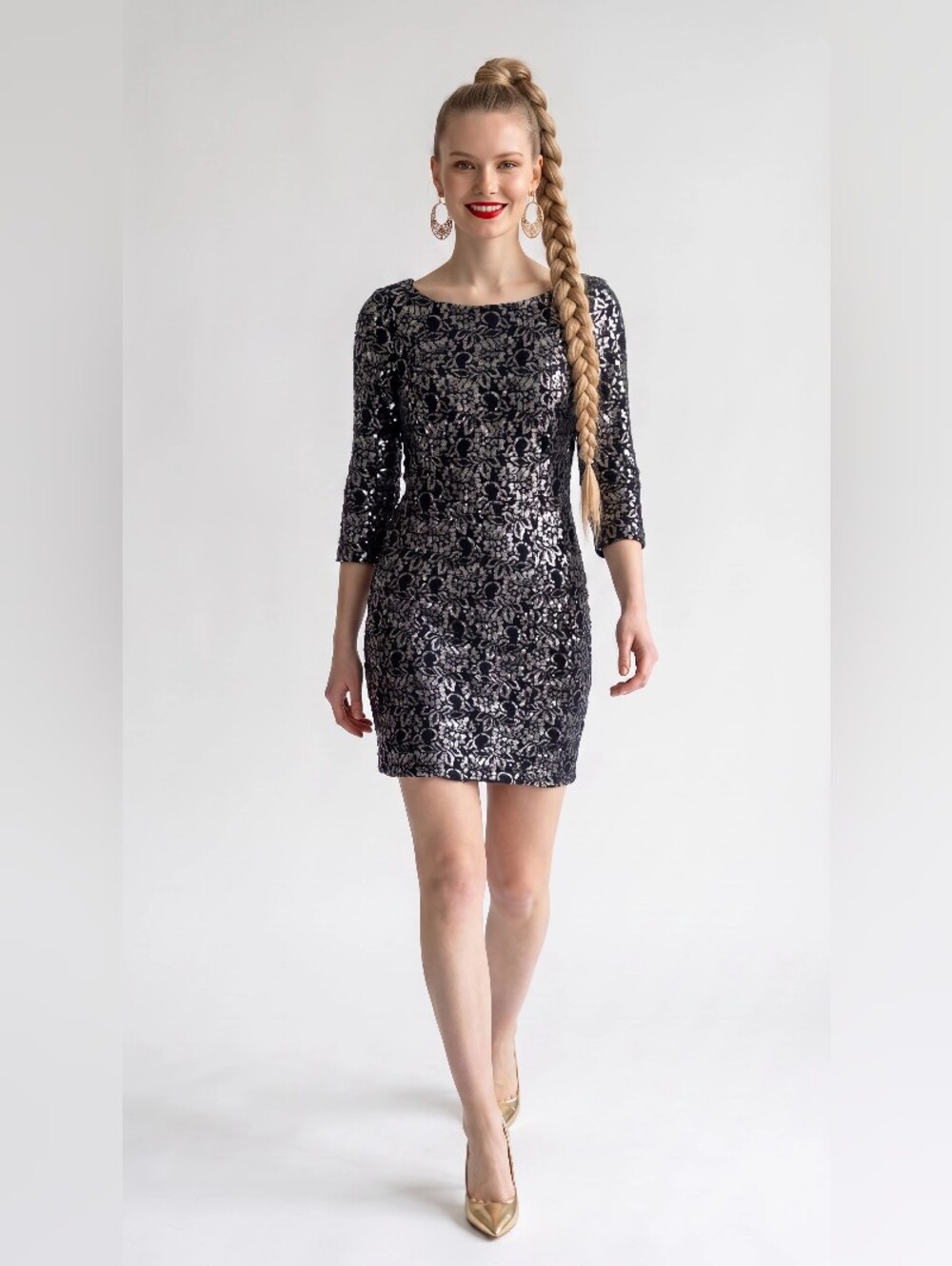 ERIN FETHERSTON Black & Silver Floral Sequin Sheath Dress SIZE  4